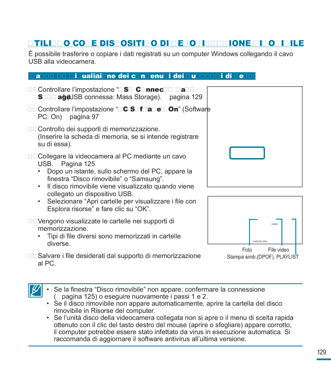 Samsung HMX-M20BP/EDC, HMX-M20SP/EDC manual Utilizzo Come Dispositivo DI Memorizzazione Rimovibile 