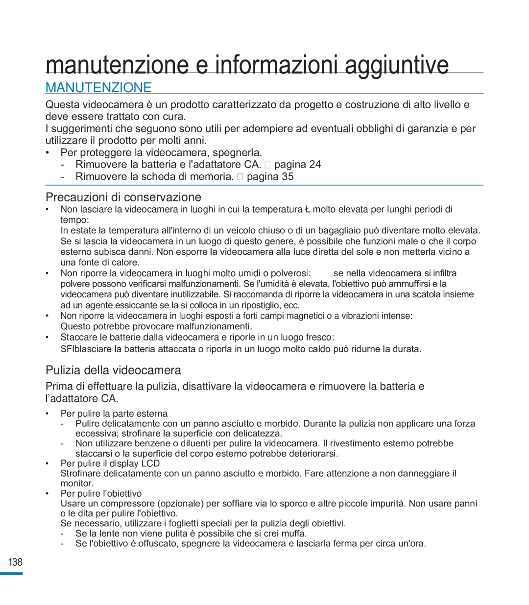 Samsung HMX-M20SP/EDC manual Manutenzione e informazioni aggiuntive, Per pulire la parte esterna, Per pulire il display LCD 