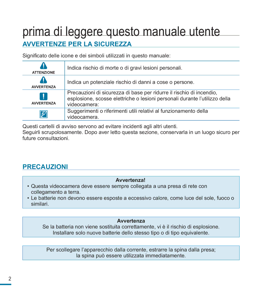 Samsung HMX-M20SP/EDC Prima di leggere questo manuale utente, Avvertenze PER LA Sicurezza, Precauzioni, Avvertenza 