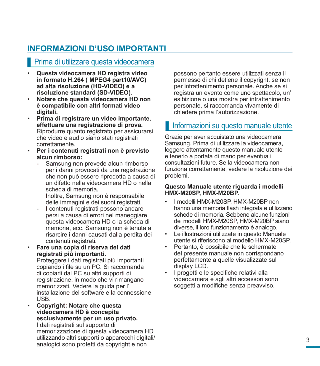 Samsung HMX-M20BP/EDC, HMX-M20SP/EDC Informazioni D’USO Importanti, Informazioni su questo manuale utente 