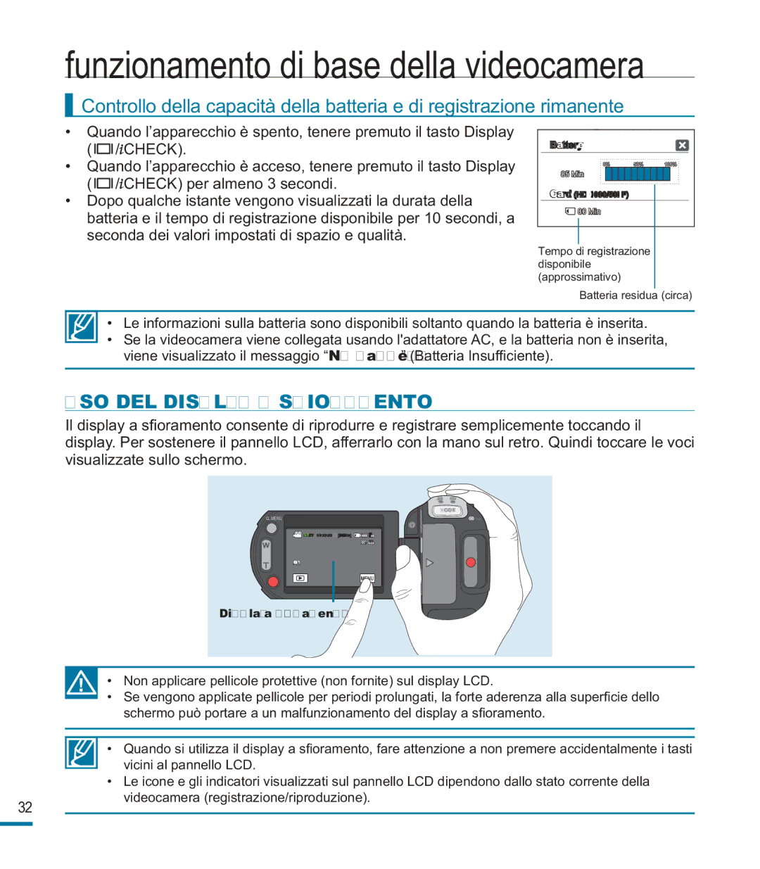 Samsung HMX-M20SP/EDC, HMX-M20BP/EDC manual USO DEL Display a Sfioramento 