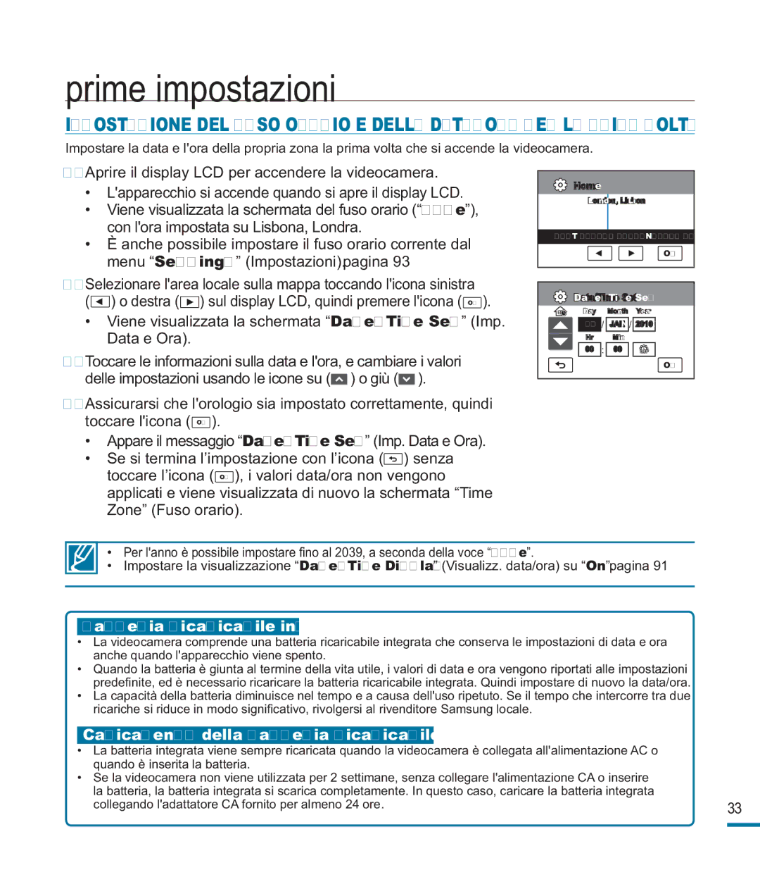 Samsung HMX-M20BP/EDC, HMX-M20SP/EDC manual Prime impostazioni, Batteria ricaricabile integrata 