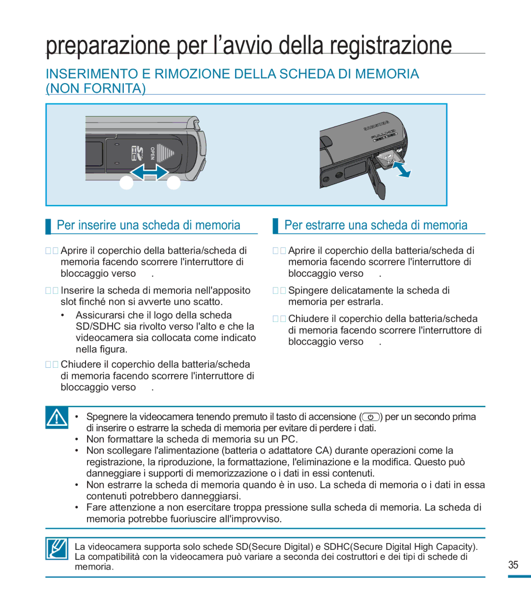 Samsung HMX-M20BP/EDC, HMX-M20SP/EDC manual Preparazione per l’avvio della registrazione 