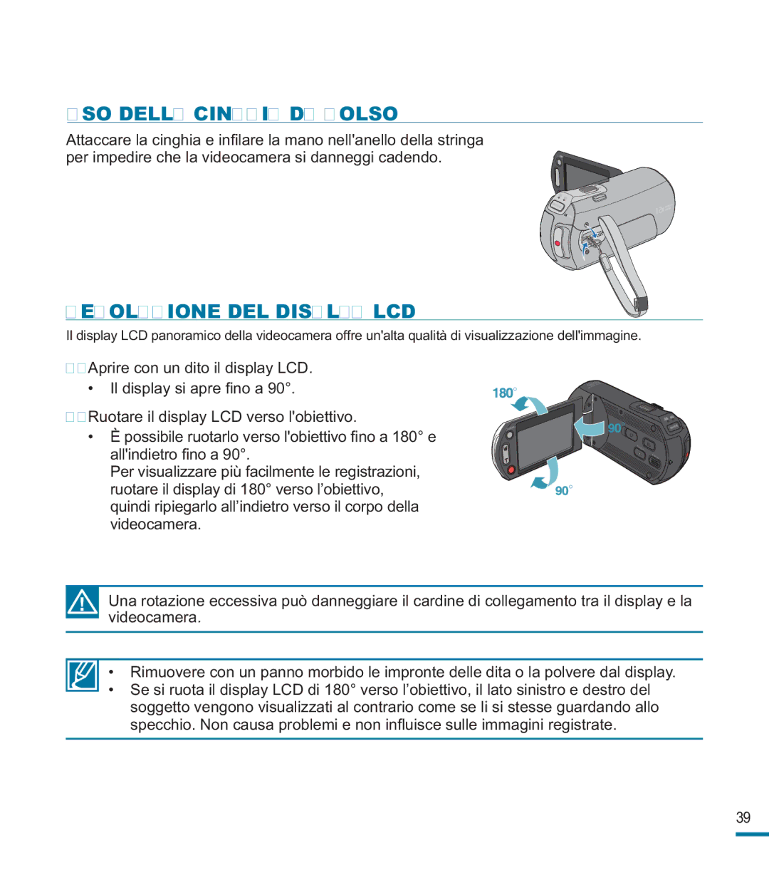 Samsung HMX-M20BP/EDC, HMX-M20SP/EDC manual USO Della Cinghia DA Polso, Regolazione DEL Display LCD 