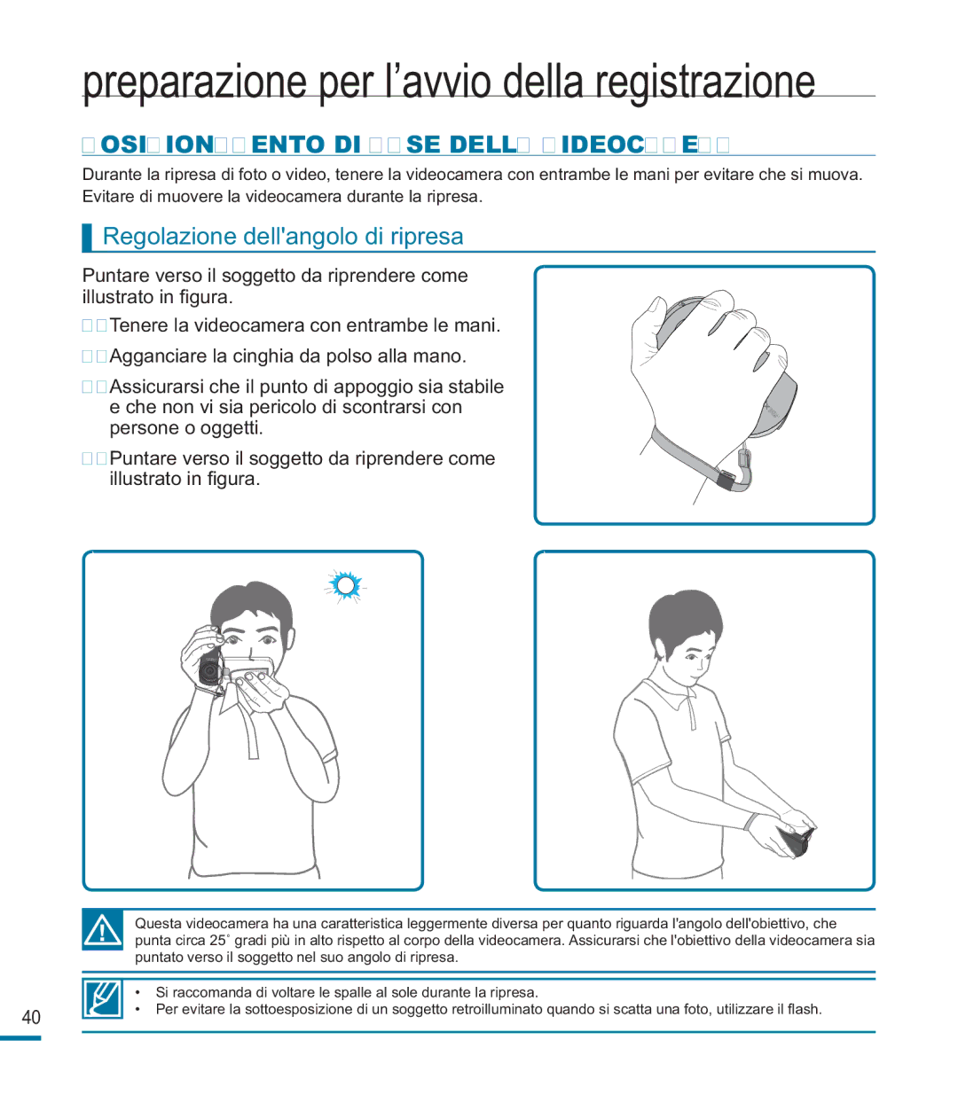 Samsung HMX-M20SP/EDC, HMX-M20BP/EDC manual Posizionamento DI Base Della Videocamera, Regolazione dellangolo di ripresa 