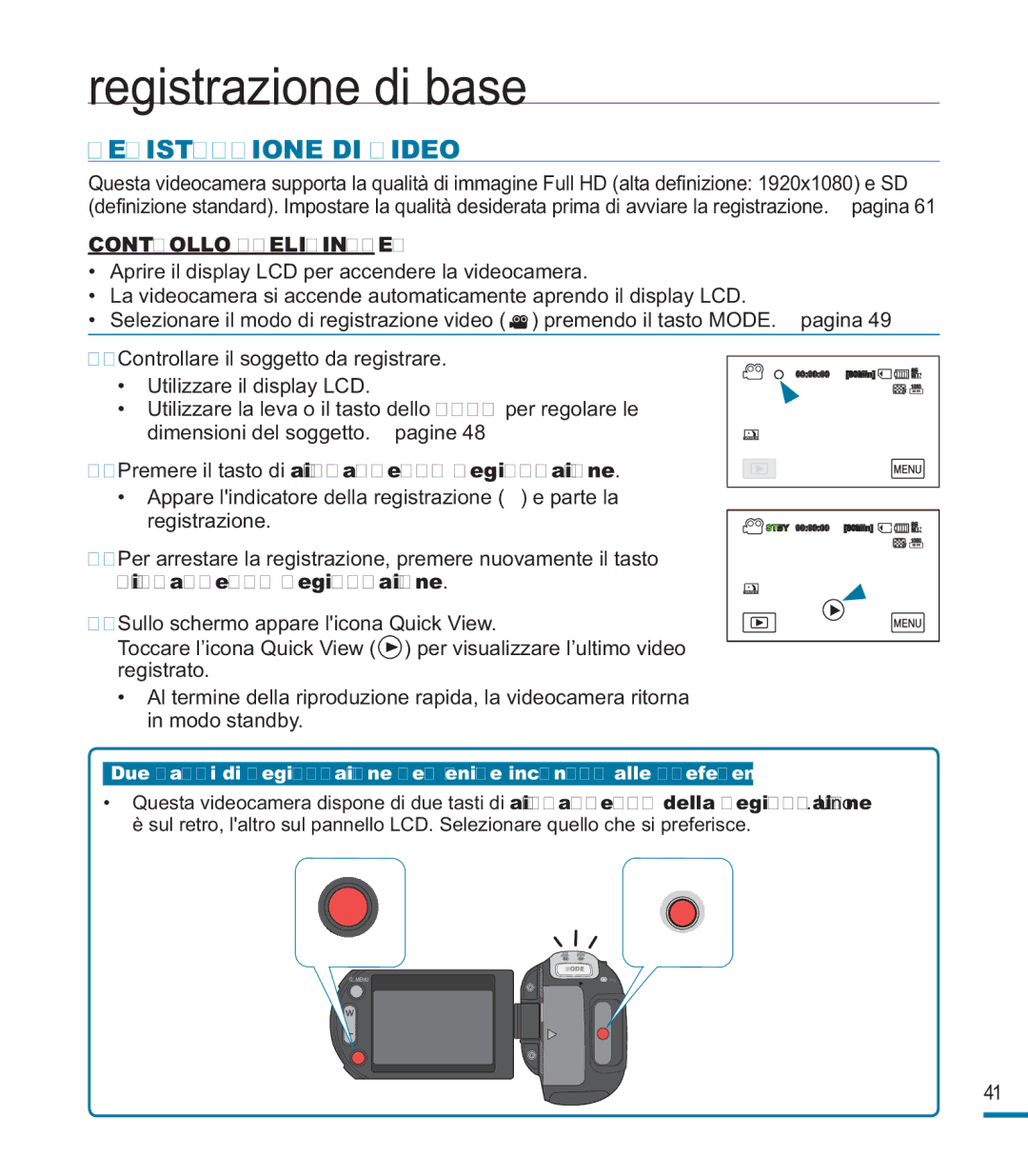 Samsung HMX-M20BP/EDC, HMX-M20SP/EDC manual Registrazione di base, Registrazione DI Video 