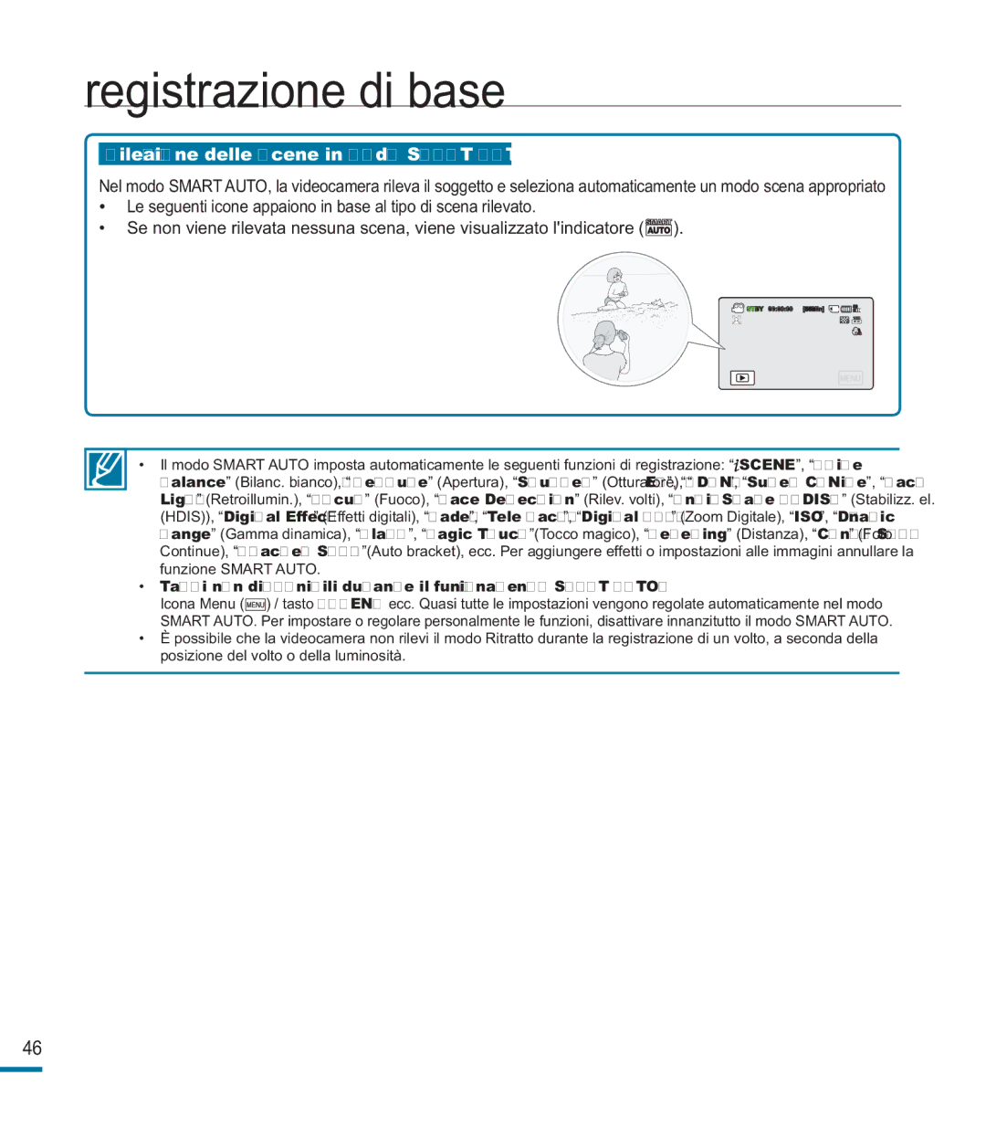 Samsung HMX-M20SP/EDC, HMX-M20BP/EDC manual Rilevazione delle scene in modo Smart Auto 