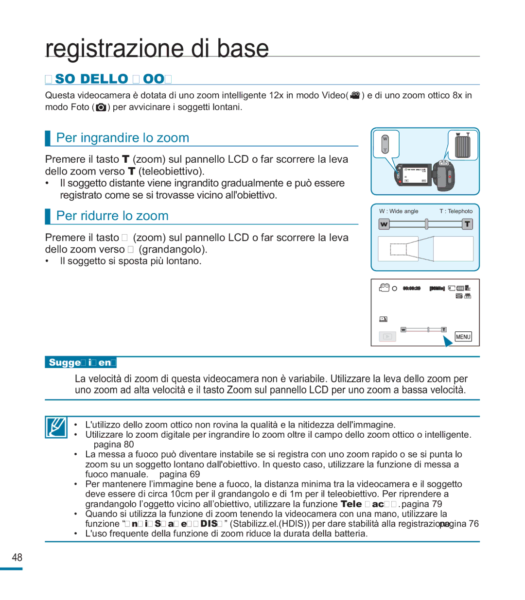 Samsung HMX-M20SP/EDC, HMX-M20BP/EDC manual USO Dello Zoom, Per ingrandire lo zoom, Per ridurre lo zoom 