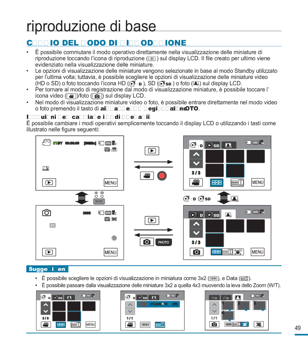 Samsung HMX-M20BP/EDC, HMX-M20SP/EDC manual Riproduzione di base, Cambio DEL Modo DI Riproduzione 