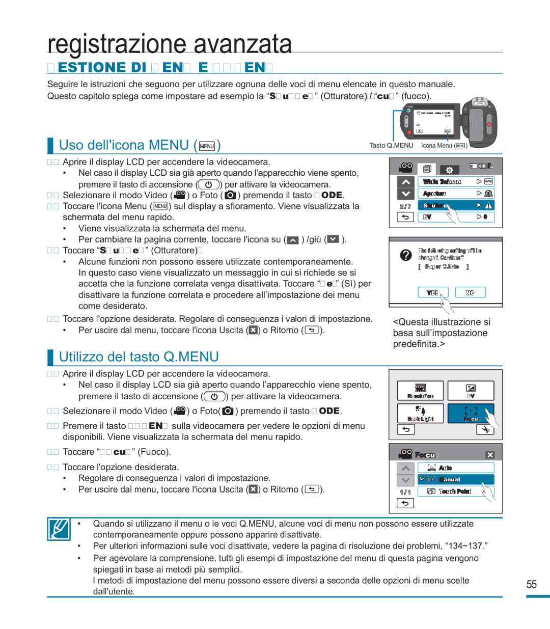 Samsung HMX-M20BP/EDC Registrazione avanzata, Gestione DI Menu E Q.MENU, Uso dellicona Menu, Utilizzo del tasto Q.MENU 