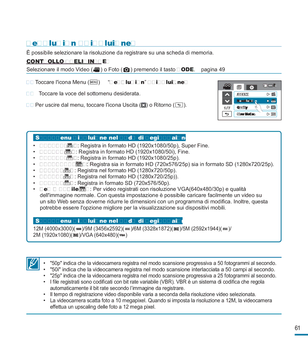 Samsung HMX-M20BP/EDC, HMX-M20SP/EDC manual Resolution Risoluzione 