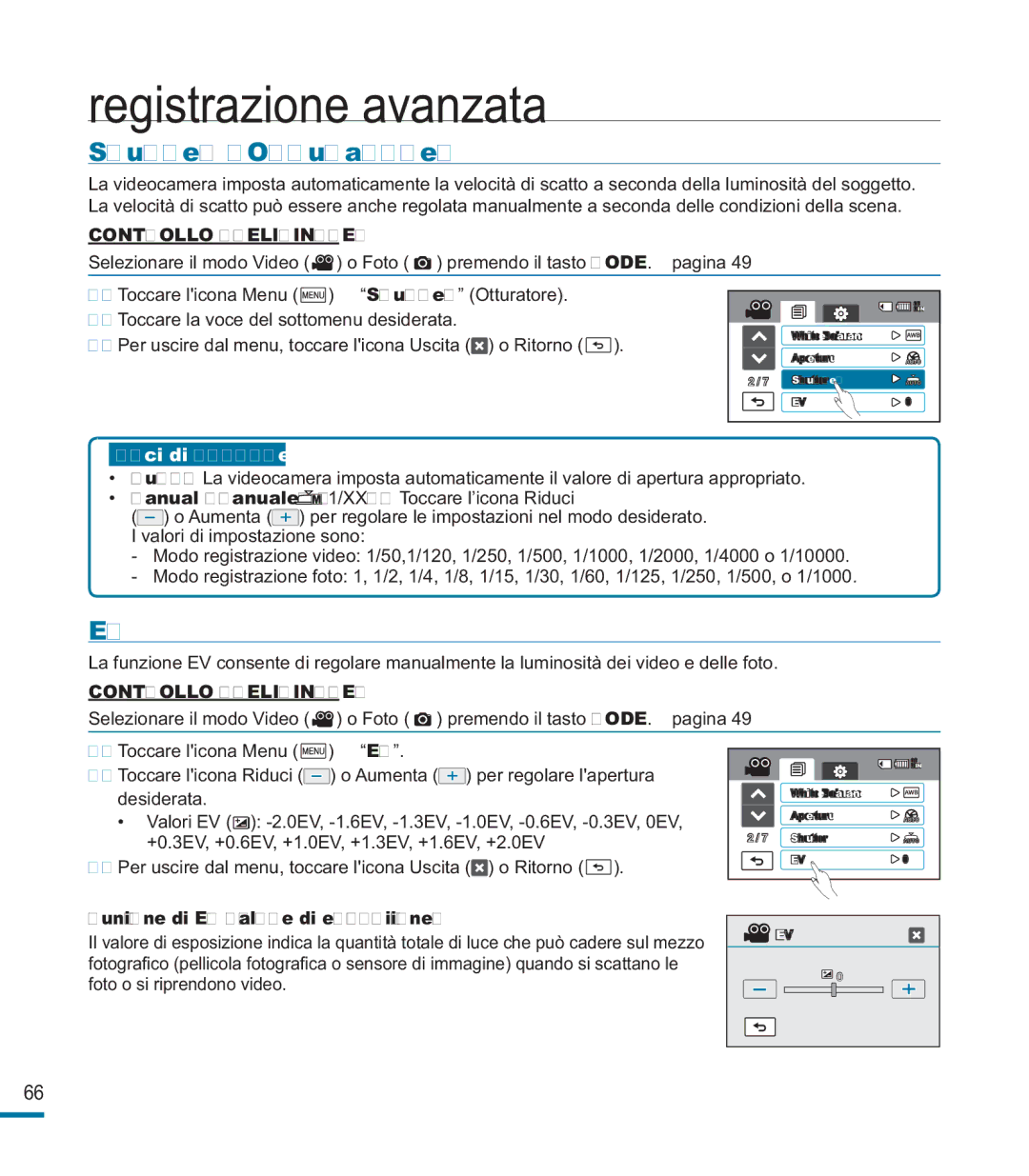 Samsung HMX-M20SP/EDC, HMX-M20BP/EDC manual Shutter Otturatore, Funzione di EV valore di esposizione 