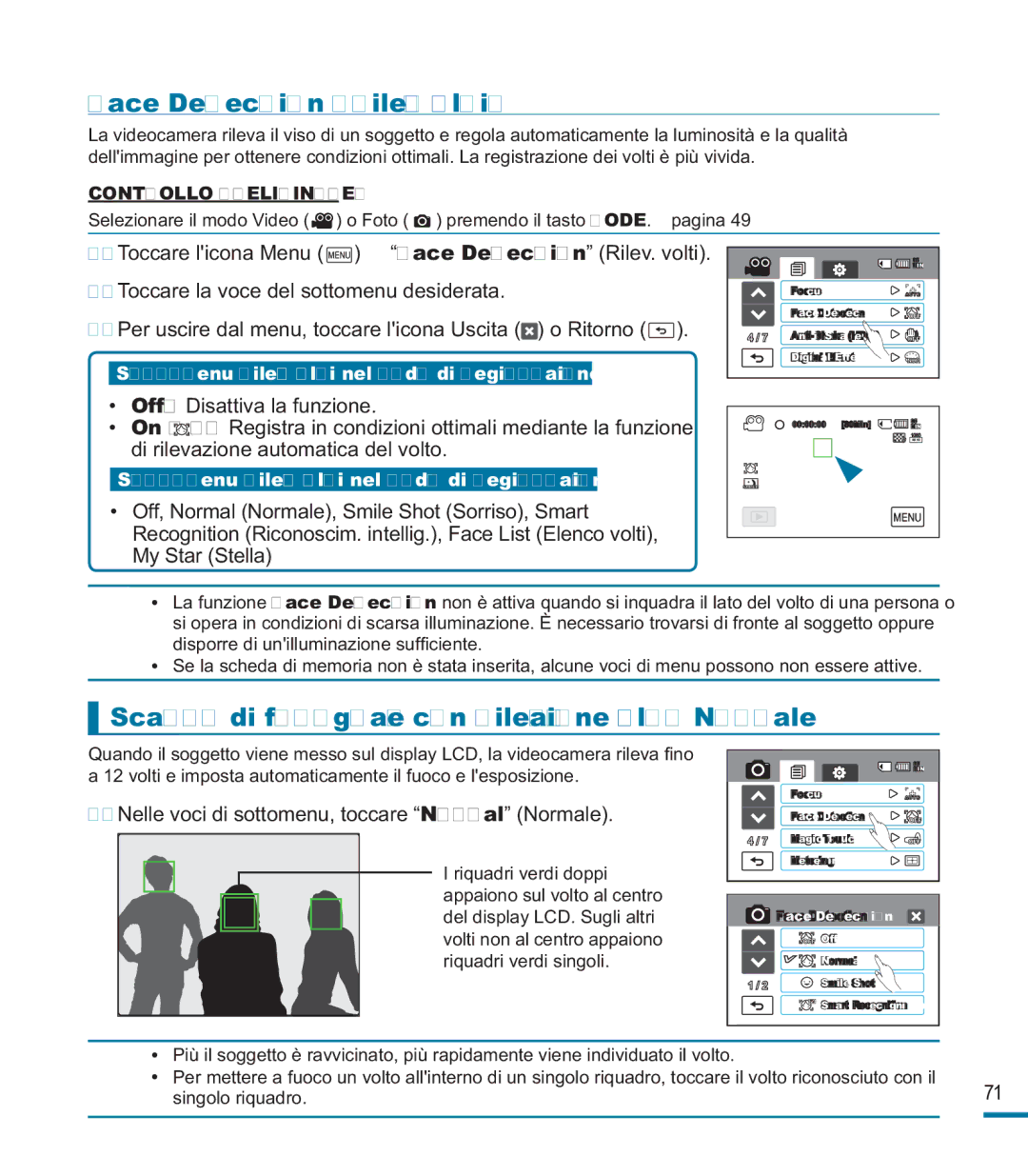 Samsung HMX-M20BP/EDC, HMX-M20SP/EDC manual Face Detection Rilev. volti, Scatto di fotograﬁe con rilevazione volto Normale 