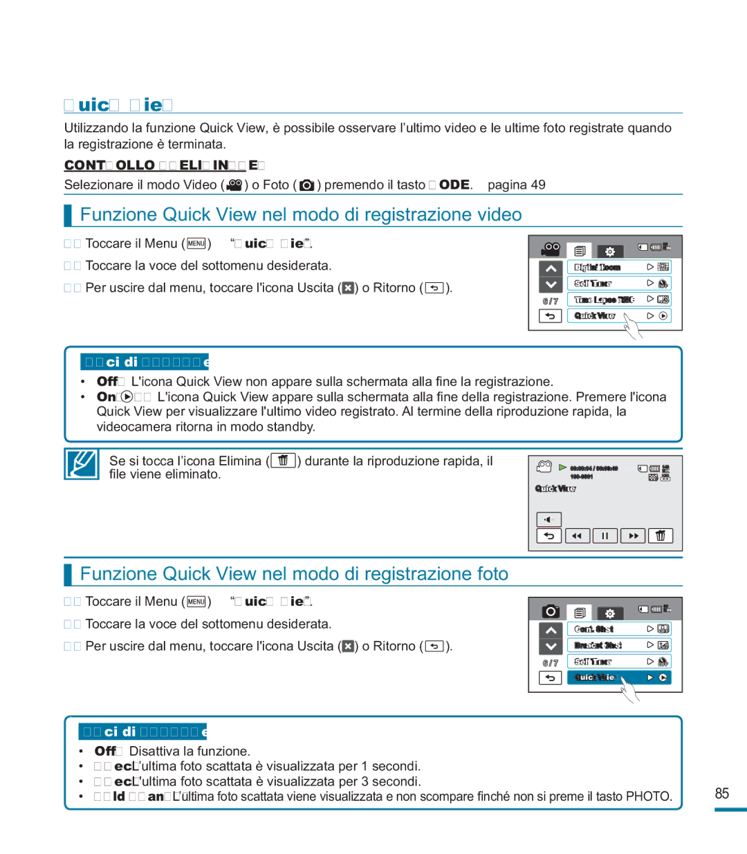 Samsung HMX-M20BP/EDC, HMX-M20SP/EDC manual Funzione Quick View nel modo di registrazione video 