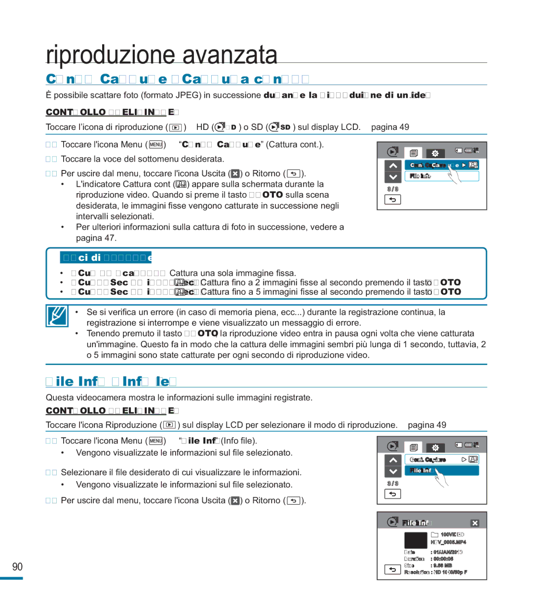 Samsung HMX-M20SP/EDC, HMX-M20BP/EDC manual Cont. Capture Cattura, File Info Info ﬁle 