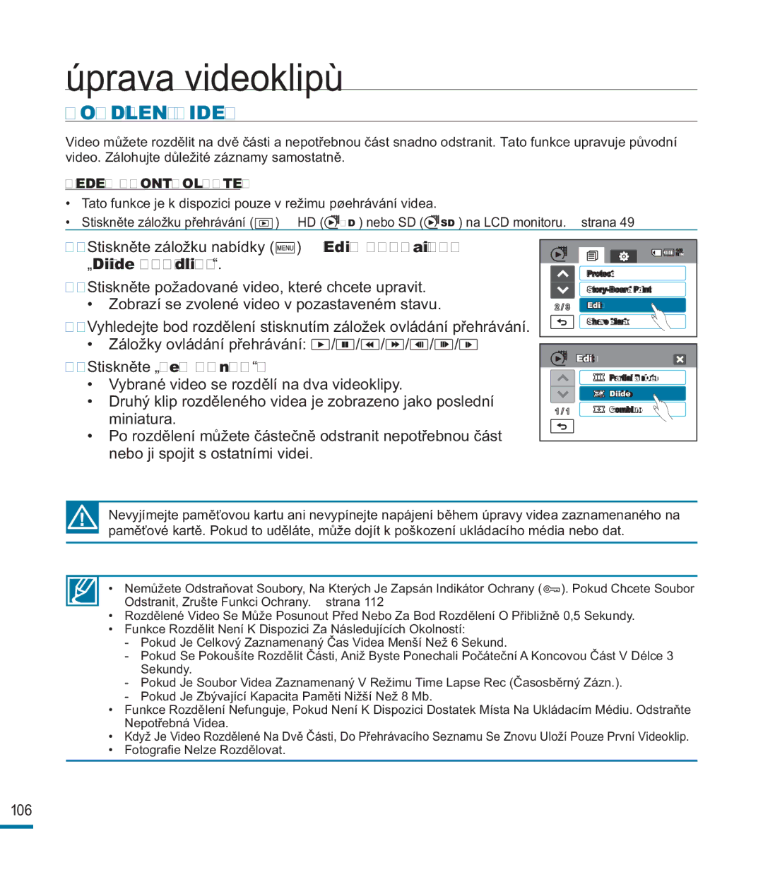 Samsung HMX-M20SP/EDC, HMX-M20BP/EDC manual Rozdělení Videa, „Divide Rozdělit, „Edit Upravit 