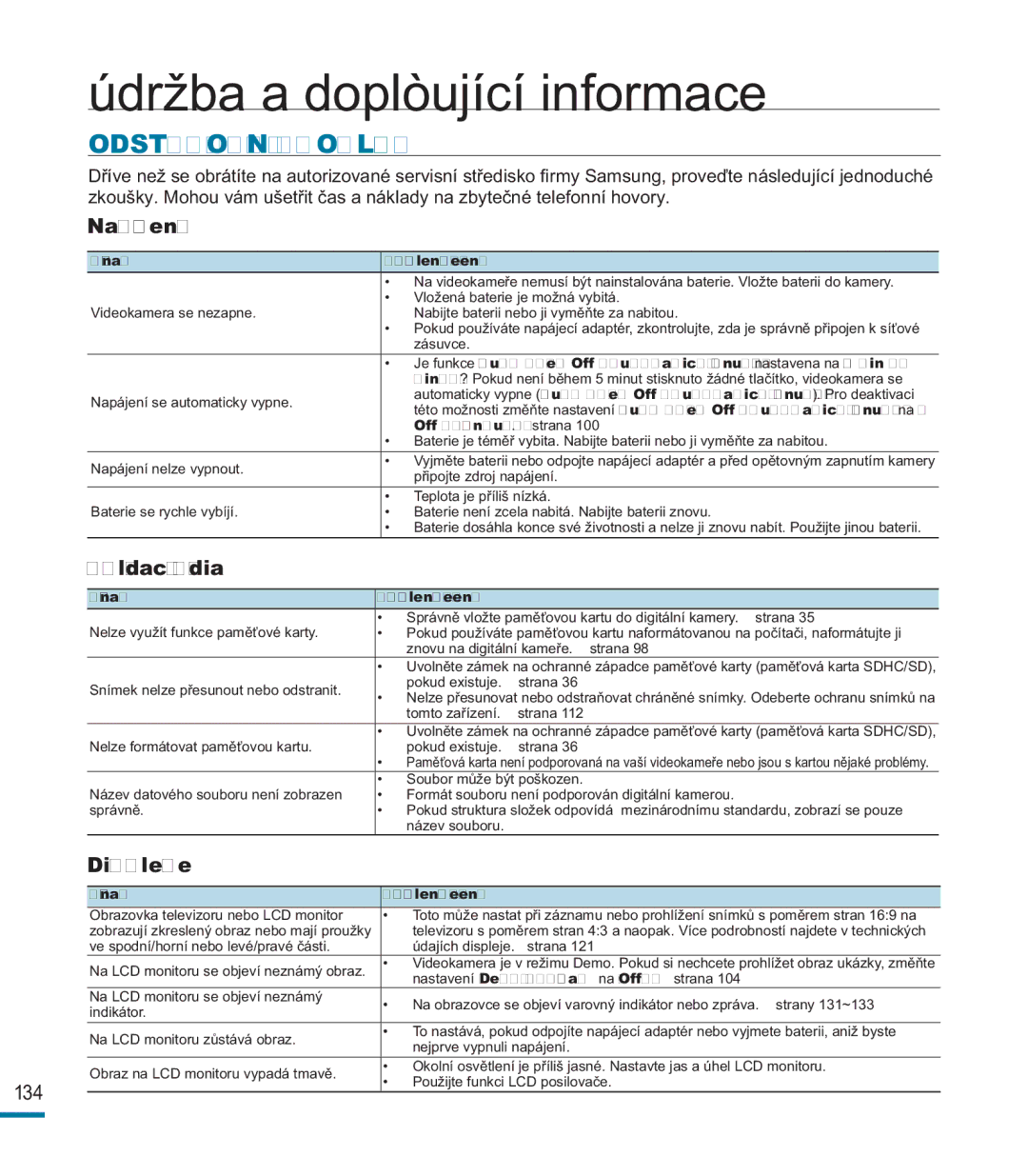 Samsung HMX-M20SP/EDC, HMX-M20BP/EDC manual Odstraòování Problémù, Napájení, Displeje 