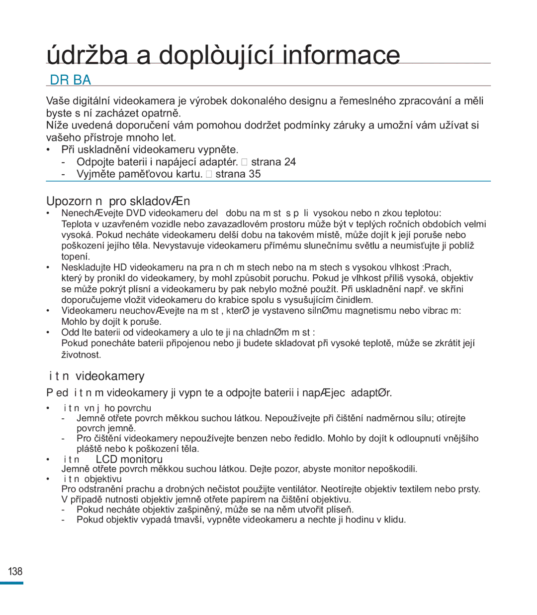 Samsung HMX-M20SP/EDC, HMX-M20BP/EDC manual Údržba, Čištění LCD monitoru, Čištění vnějšího povrchu, Čištění objektivu 