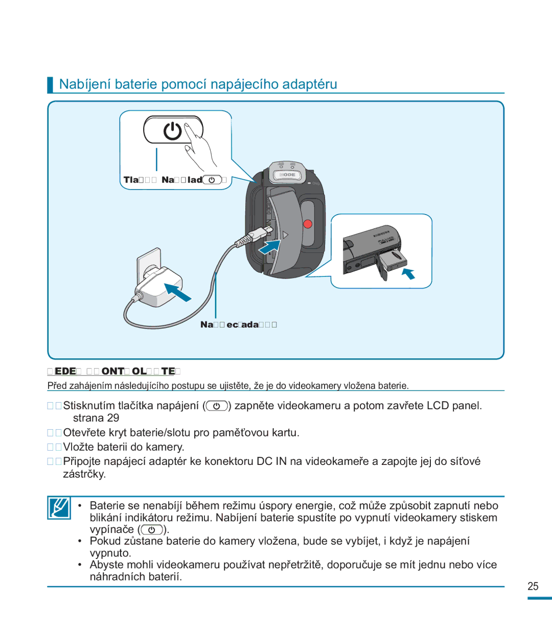 Samsung HMX-M20BP/EDC, HMX-M20SP/EDC manual Nabíjení baterie pomocí napájecího adaptéru 