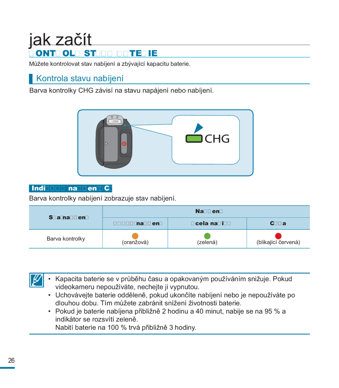 Samsung HMX-M20SP/EDC, HMX-M20BP/EDC manual Kontrola Stavu Baterie, Kontrola stavu nabíjení, Stav nabíjení Nabíjení 