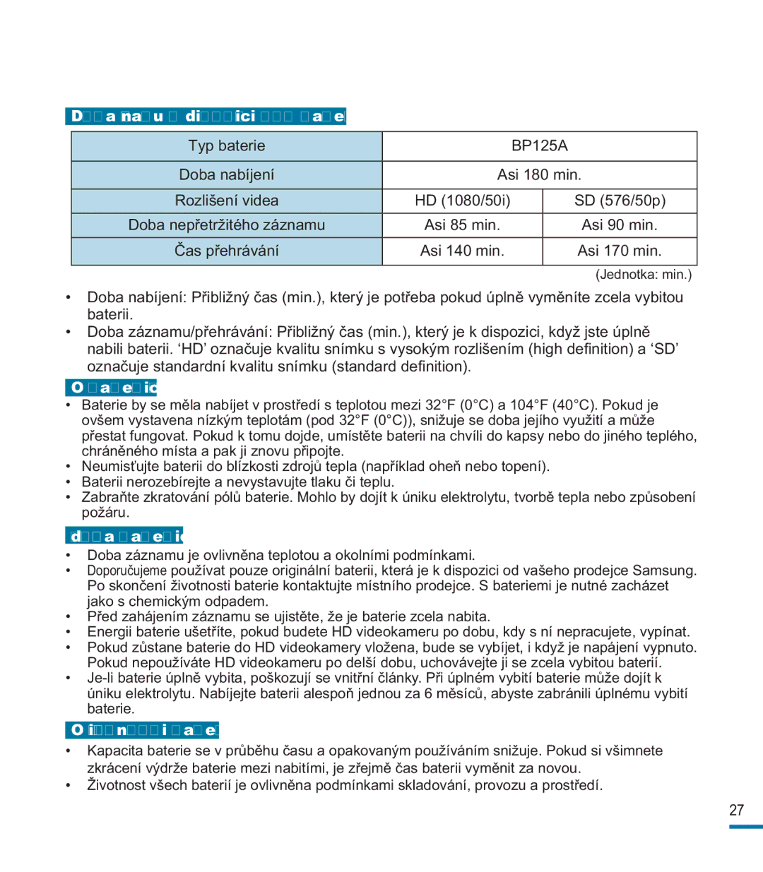 Samsung HMX-M20BP/EDC, HMX-M20SP/EDC manual Doba záznamu k dispozici pro baterii 