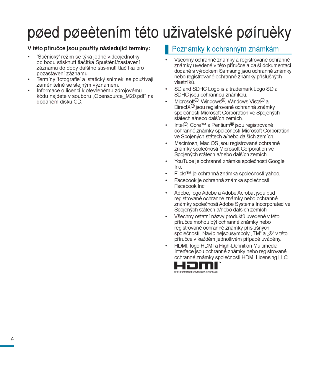 Samsung HMX-M20SP/EDC, HMX-M20BP/EDC manual Pøed pøeètením této uživatelské pøíruèky 