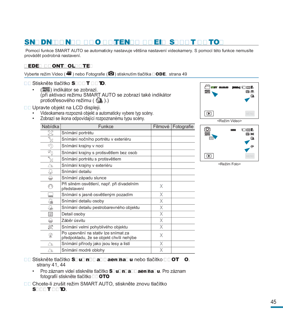 Samsung HMX-M20BP/EDC, HMX-M20SP/EDC manual Snadný Záznam PRO Začátečníky Režim Smart Auto 