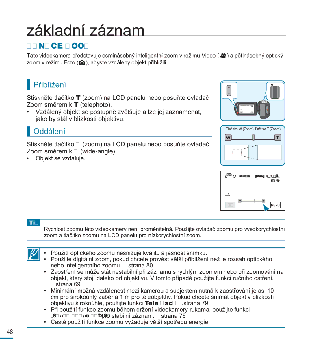 Samsung HMX-M20SP/EDC, HMX-M20BP/EDC manual Funkce Zoom, Přiblížení, Oddálení 