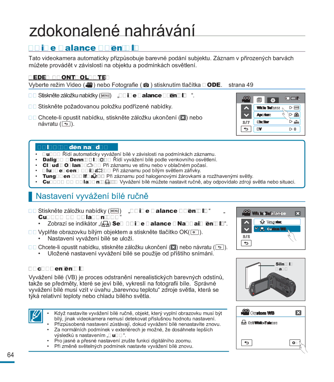 Samsung HMX-M20SP/EDC manual Nastavení vyvážení bílé ručně, „White Balance Vyvážení bílé, Pochopení vyvážení bílé 