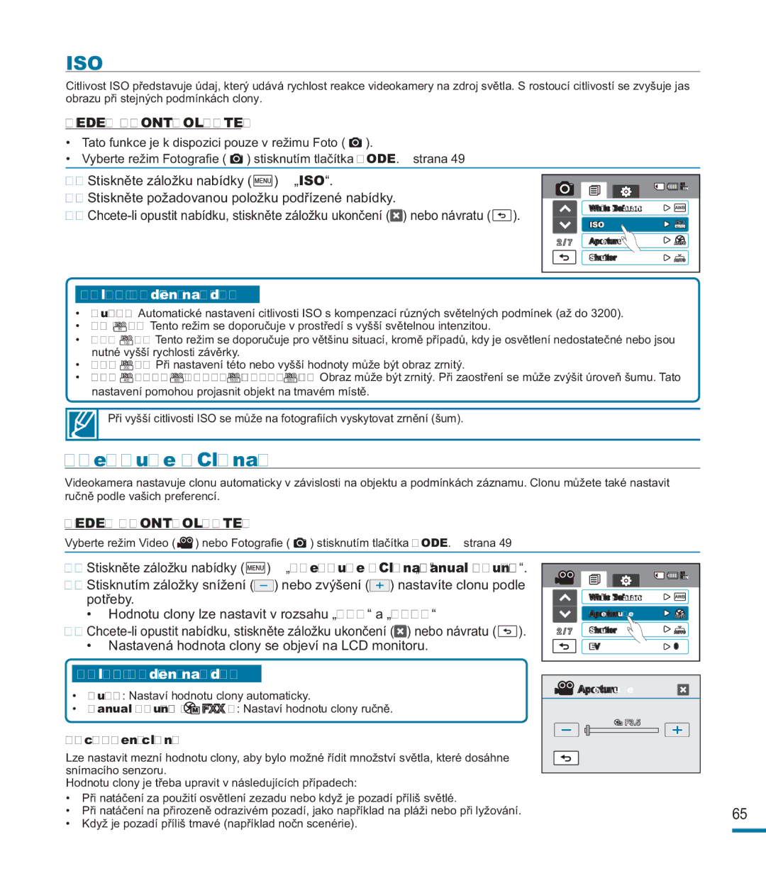 Samsung HMX-M20BP/EDC, HMX-M20SP/EDC manual Iso, „Aperture Clona „Manual Ručně, Pochopení clony 