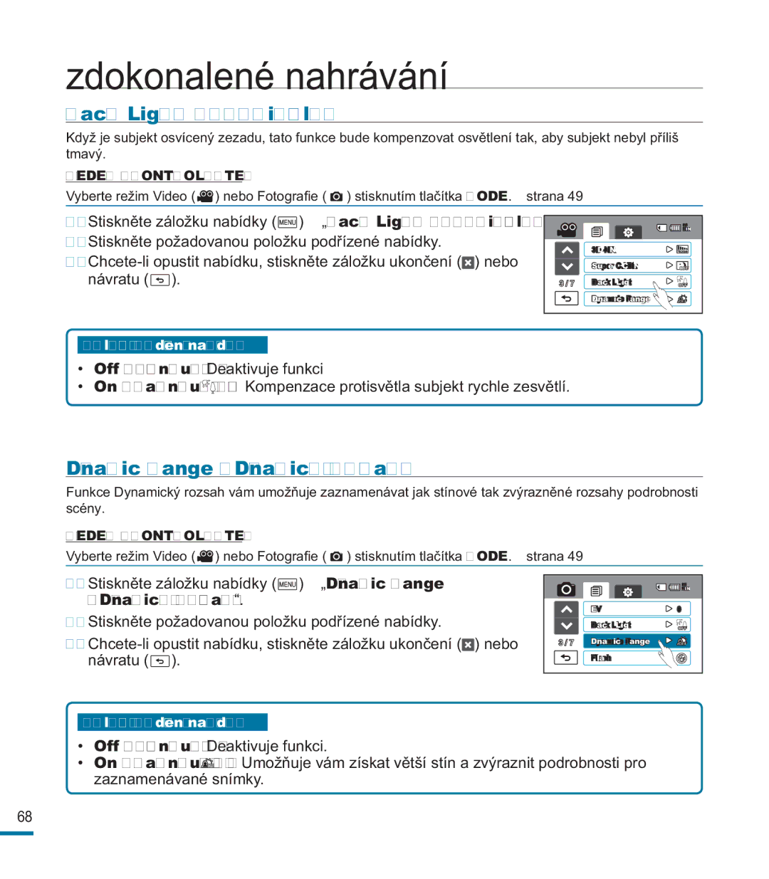 Samsung HMX-M20SP/EDC, HMX-M20BP/EDC manual Back Light Protisvětlo, Dynamic Range Dynamický rozsah 