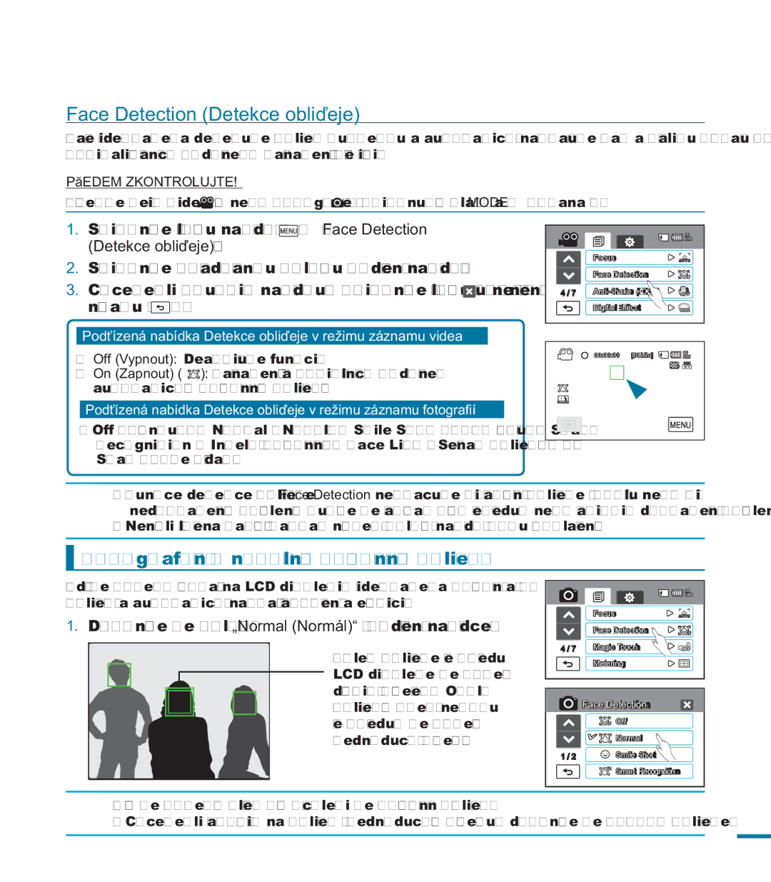 Samsung HMX-M20BP/EDC manual Face Detection Detekce obličeje, Podřízená nabídka Detekce obličeje v režimu záznamu videa 