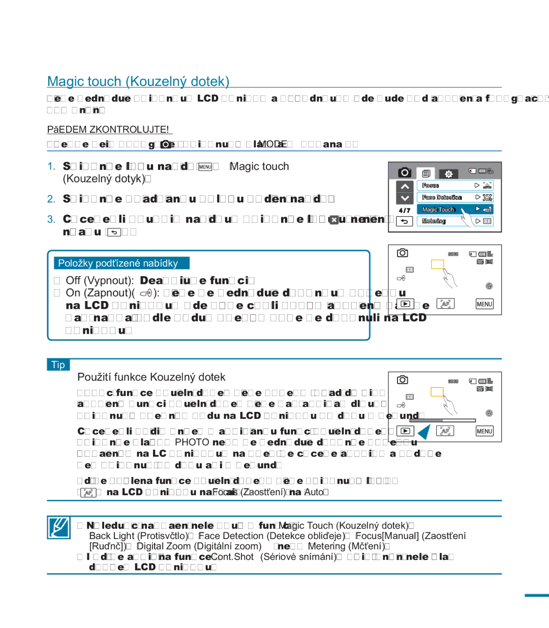 Samsung HMX-M20BP/EDC, HMX-M20SP/EDC manual Magic touch Kouzelný dotek, Použití funkce Kouzelný dotek 