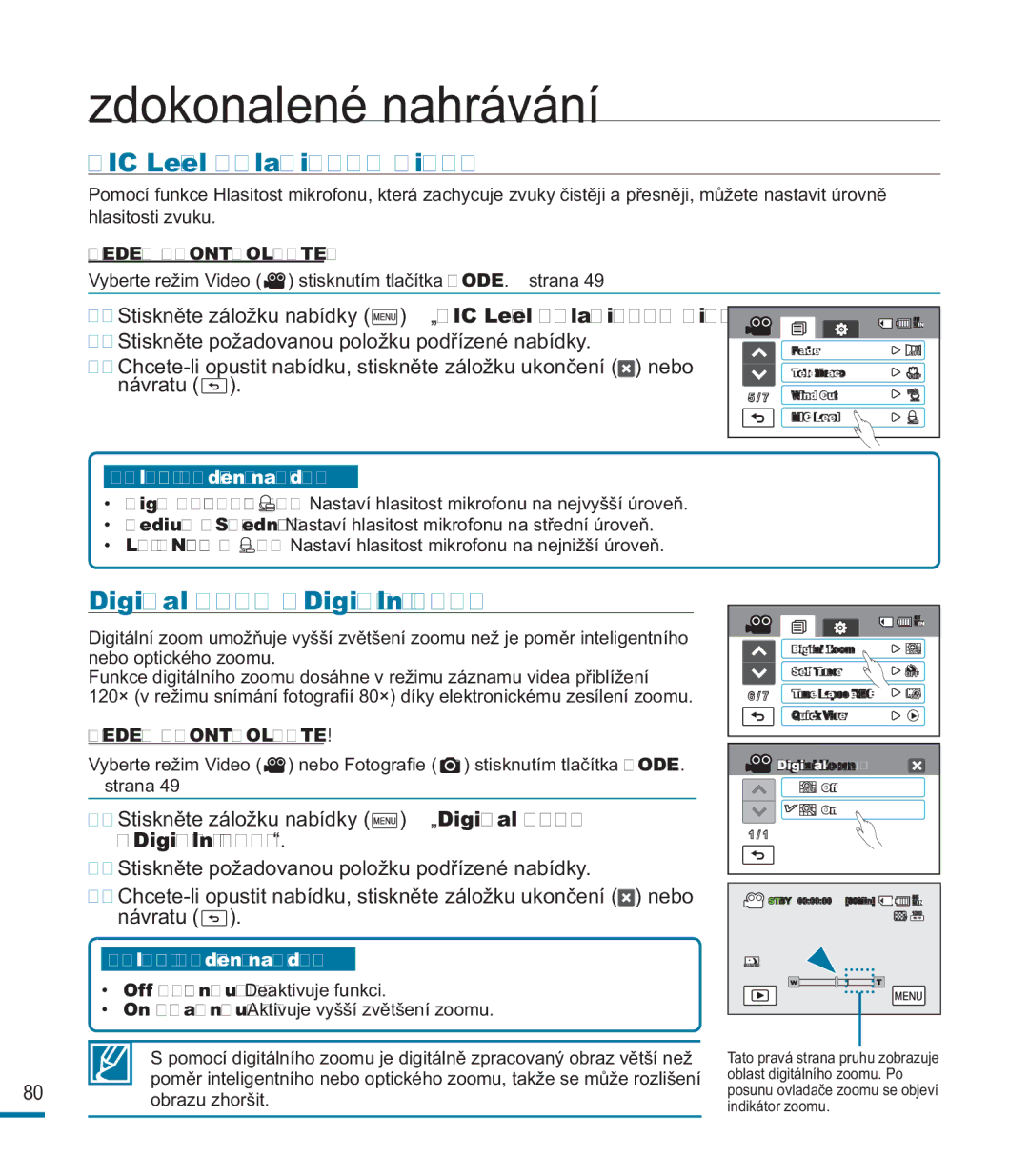 Samsung HMX-M20SP/EDC, HMX-M20BP/EDC manual MIC Level Hlasitost mik, Digital Zoom Digitální zoom 