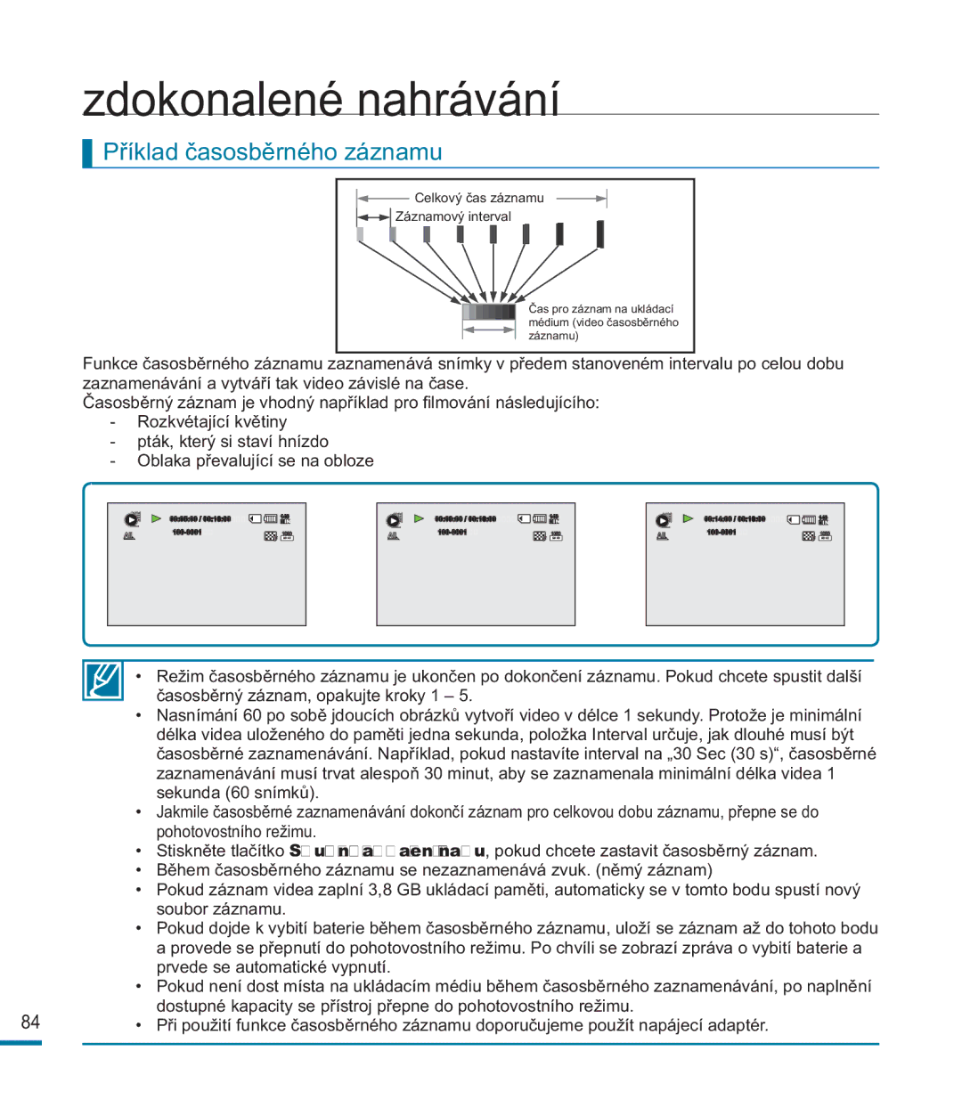 Samsung HMX-M20SP/EDC, HMX-M20BP/EDC manual Zdokonalené nahrávání, Příklad časosběrného záznamu 