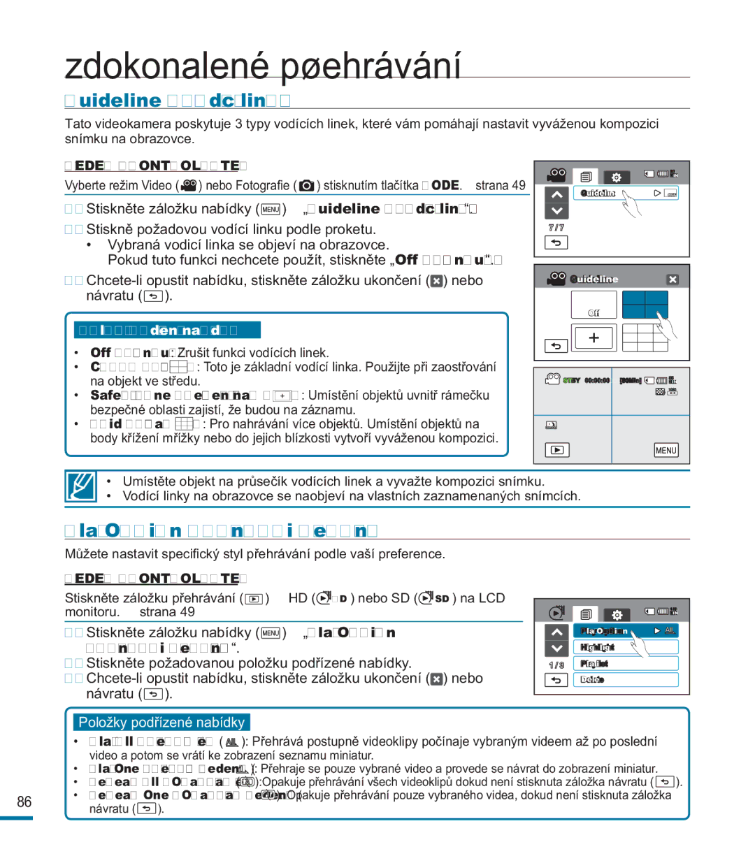 Samsung HMX-M20SP/EDC manual Zdokonalené pøehrávání, Guideline Vodící linky, Play Option Možnosti přehrávání, „Play Option 