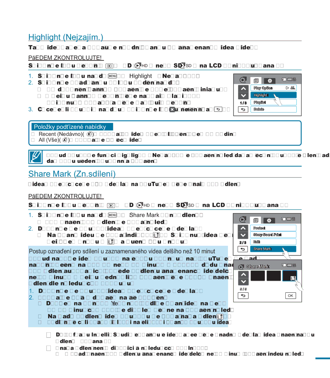 Samsung HMX-M20BP/EDC, HMX-M20SP/EDC manual Highlight Nejzajím, Share Mark Zn.sdílení, Recent Nedávno, All Vše 