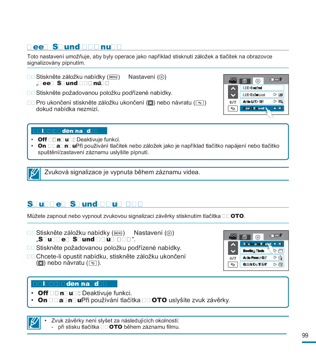 Samsung HMX-M20BP/EDC, HMX-M20SP/EDC manual Beep Sound Pípnutí, Shutter Sound Zvuk závěrky 