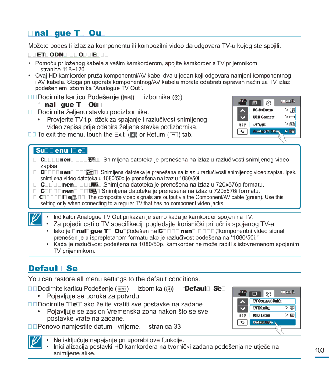 Samsung HMX-M20BP/EDC, HMX-M20SP/EDC manual Analogue TV Out, Default Set 