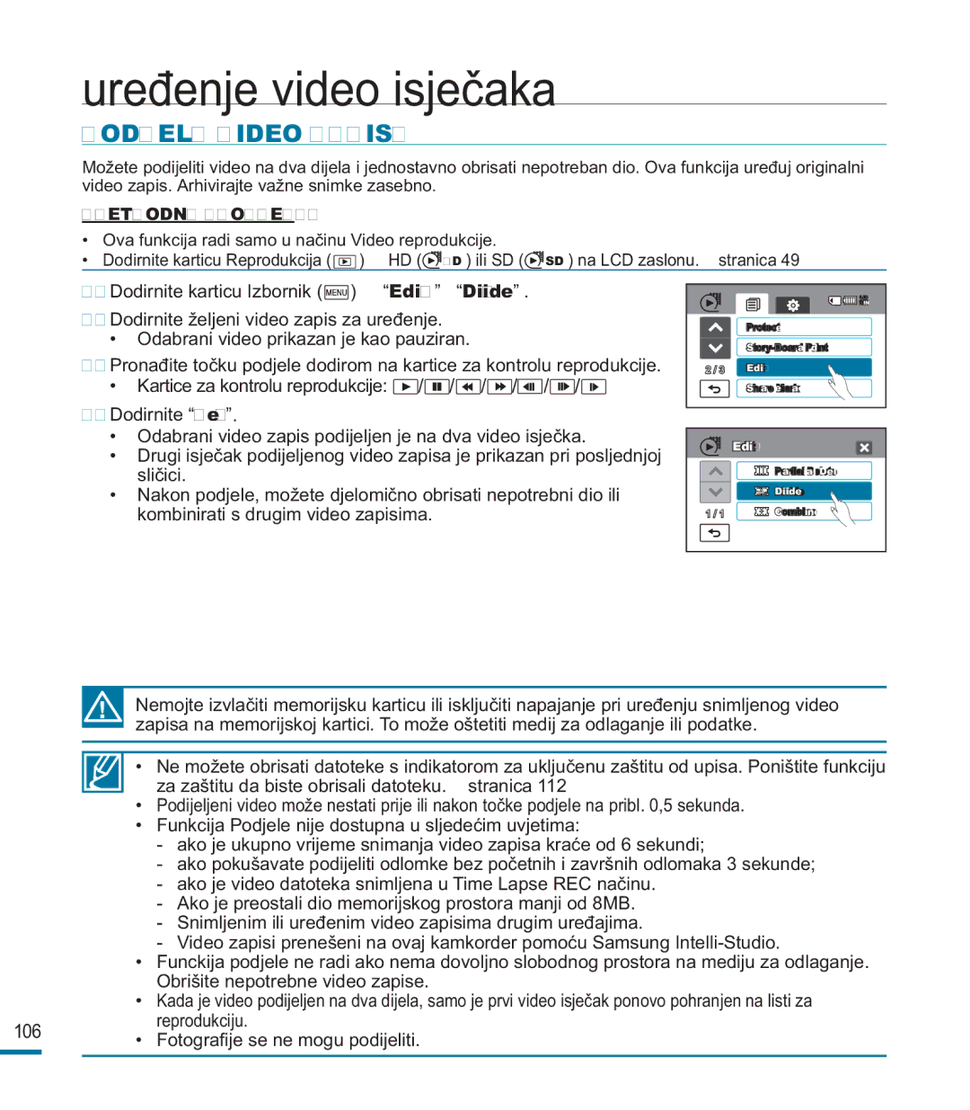 Samsung HMX-M20SP/EDC, HMX-M20BP/EDC manual Podjela Video Zapisa, Edit Divide 