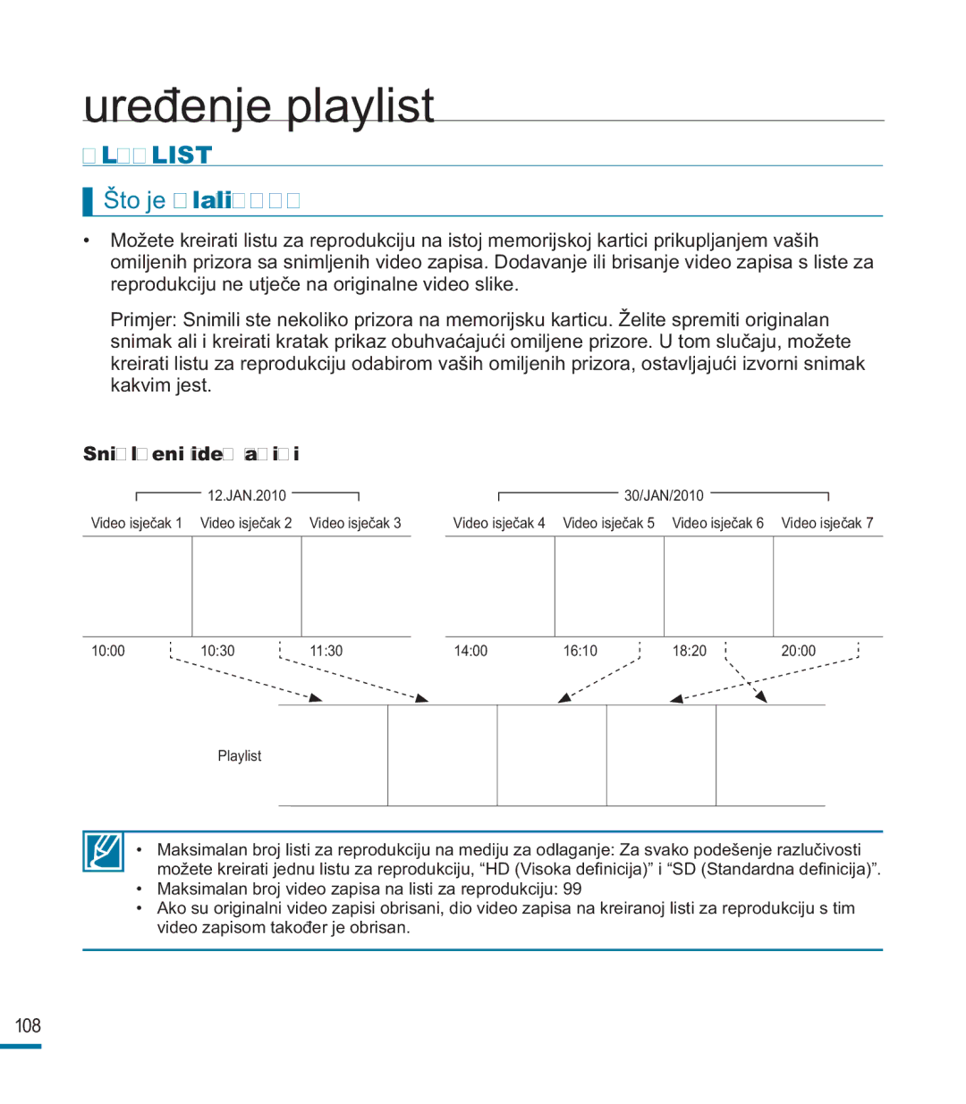 Samsung HMX-M20SP/EDC, HMX-M20BP/EDC manual Uređenje playlist, Što je Playlist?, Snimljeni video zapisi 