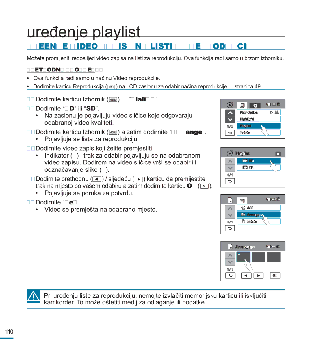 Samsung HMX-M20SP/EDC, HMX-M20BP/EDC manual Uređenje Video Zapisa NA Listi ZA Reprodukciju 