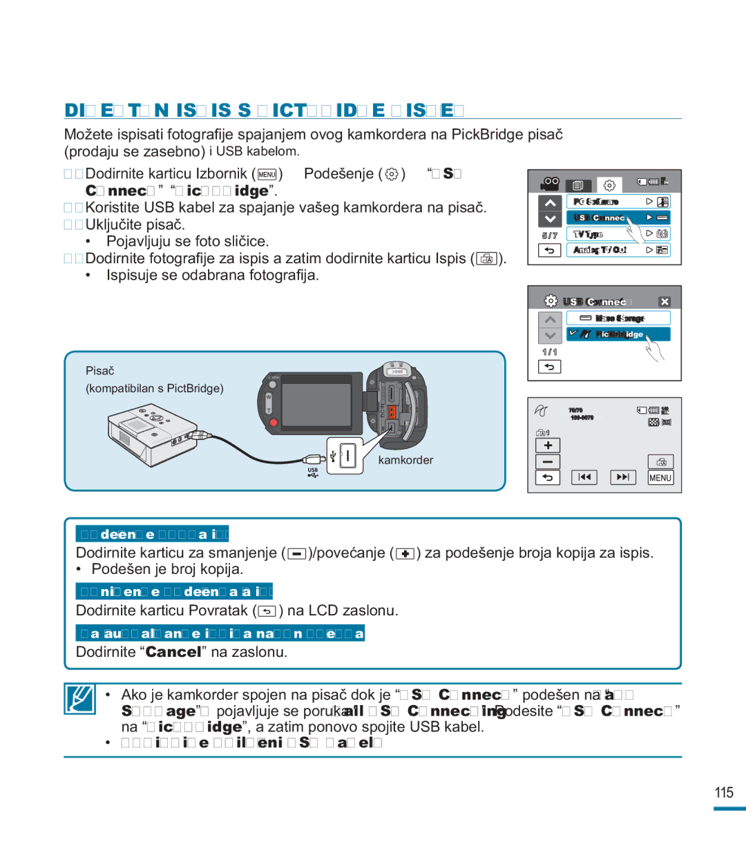 Samsung HMX-M20BP/EDC, HMX-M20SP/EDC manual Direktan Ispis S Pictbridge Pisačem, Koristite priloženi USB kabel 