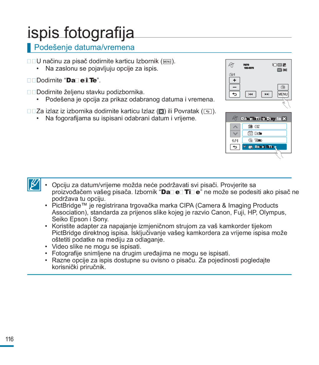 Samsung HMX-M20SP/EDC, HMX-M20BP/EDC manual Ispis fotograﬁ ja, Podešenje datuma/vremena 