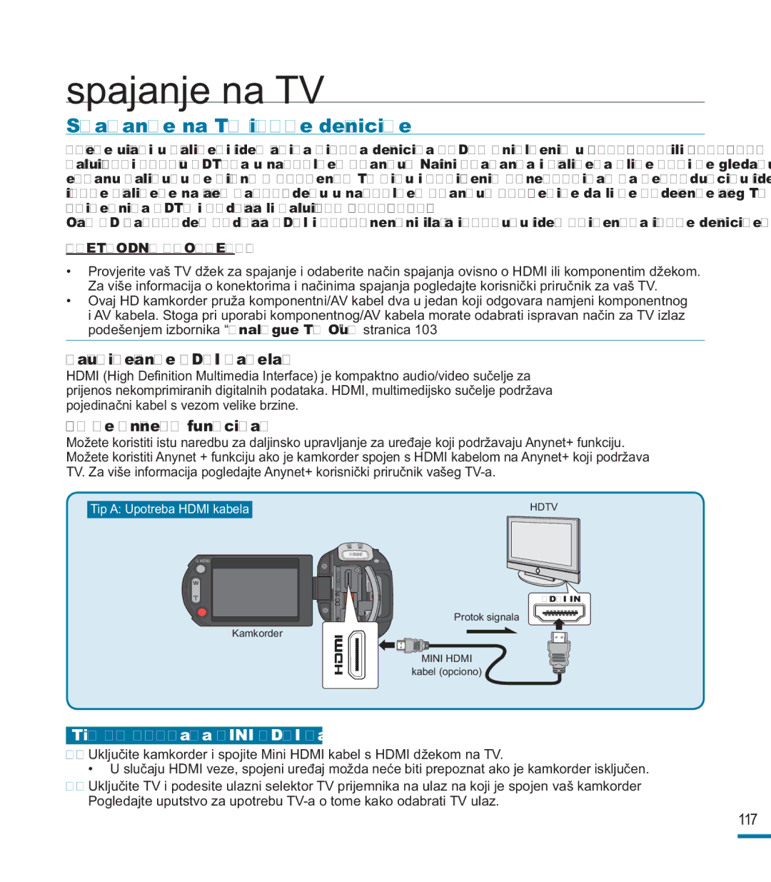 Samsung HMX-M20BP/EDC manual Spajanje na TV visoke deﬁnicije, Razumijevanje Hdmi kabela, Što je Anynet+ funkcija? 