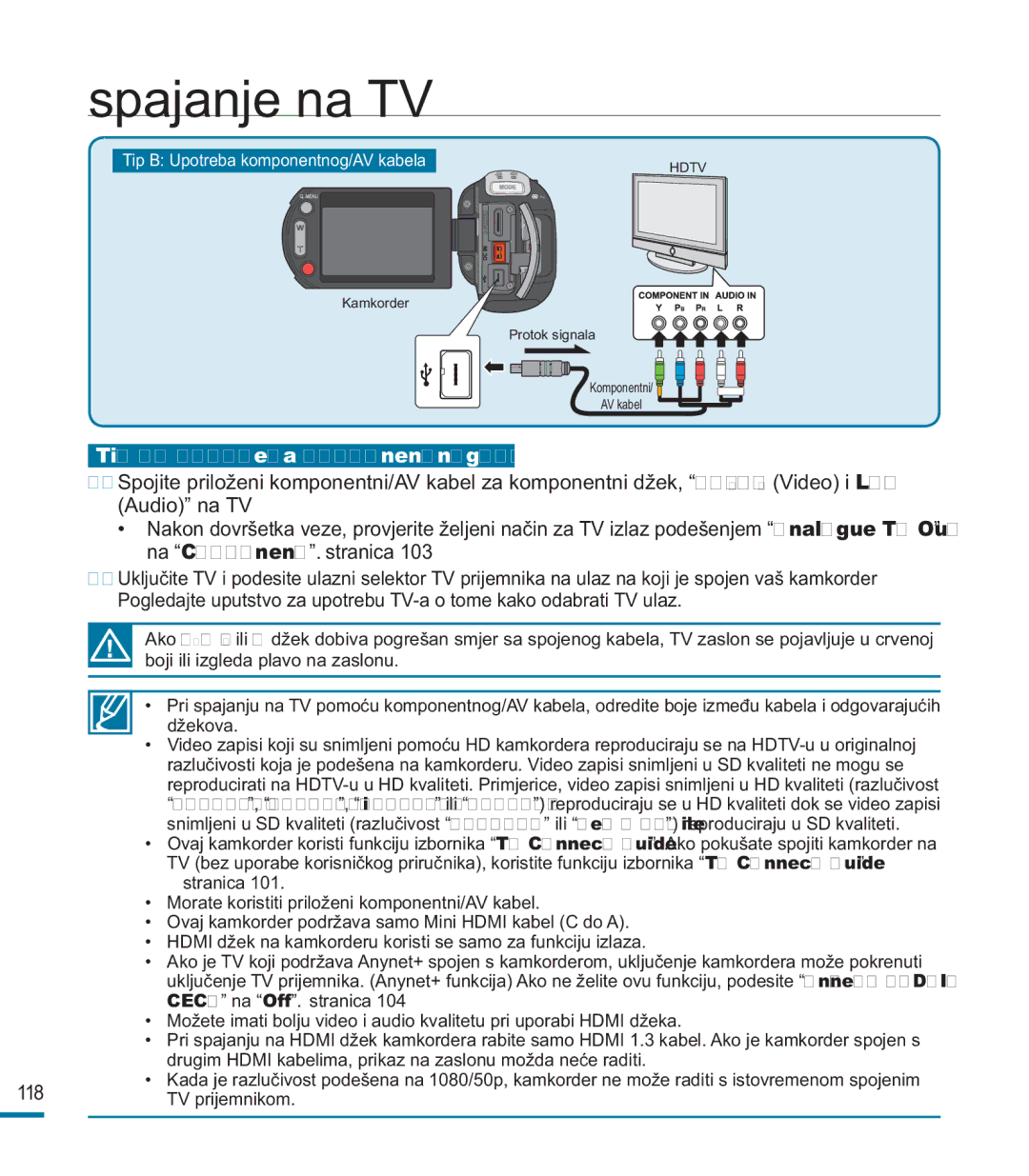 Samsung HMX-M20SP/EDC, HMX-M20BP/EDC manual Tip B Upotreba komponentnog/AV kabela 