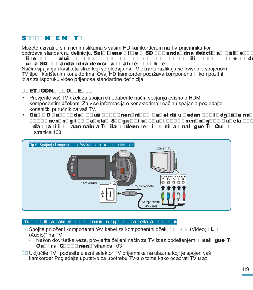 Samsung HMX-M20BP/EDC, HMX-M20SP/EDC manual Spajanje NA TV, Tip a Spajanje komponentnog/AV kabela za komponentni izlaz 