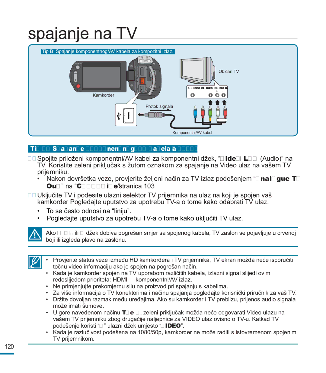 Samsung HMX-M20SP/EDC, HMX-M20BP/EDC manual Tip B Spajanje komponentnog/AV kabela za kompozitni izlaz 