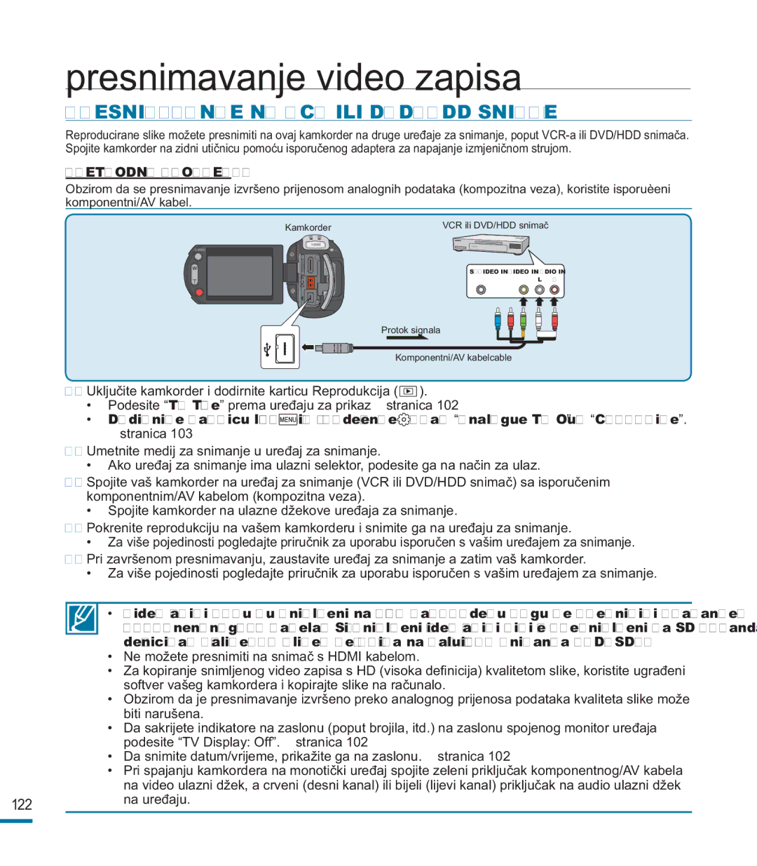 Samsung HMX-M20SP/EDC, HMX-M20BP/EDC manual Presnimavanje video zapisa, Presnimavanje NA VCR ILI DVD/HDD Snimače 