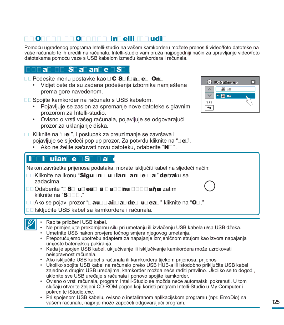 Samsung HMX-M20BP/EDC, HMX-M20SP/EDC manual Uporaba Programa intelli studio, Korak 1. Spajanje USB kabela 